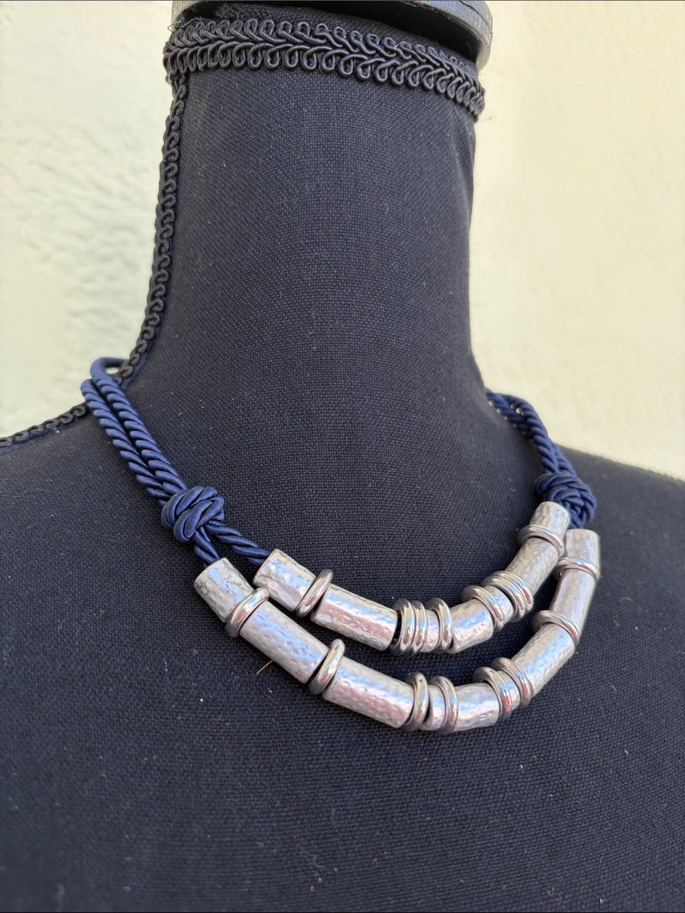 Chico's Navy Cord Necklace with Silver-Tone Hammered Tubes